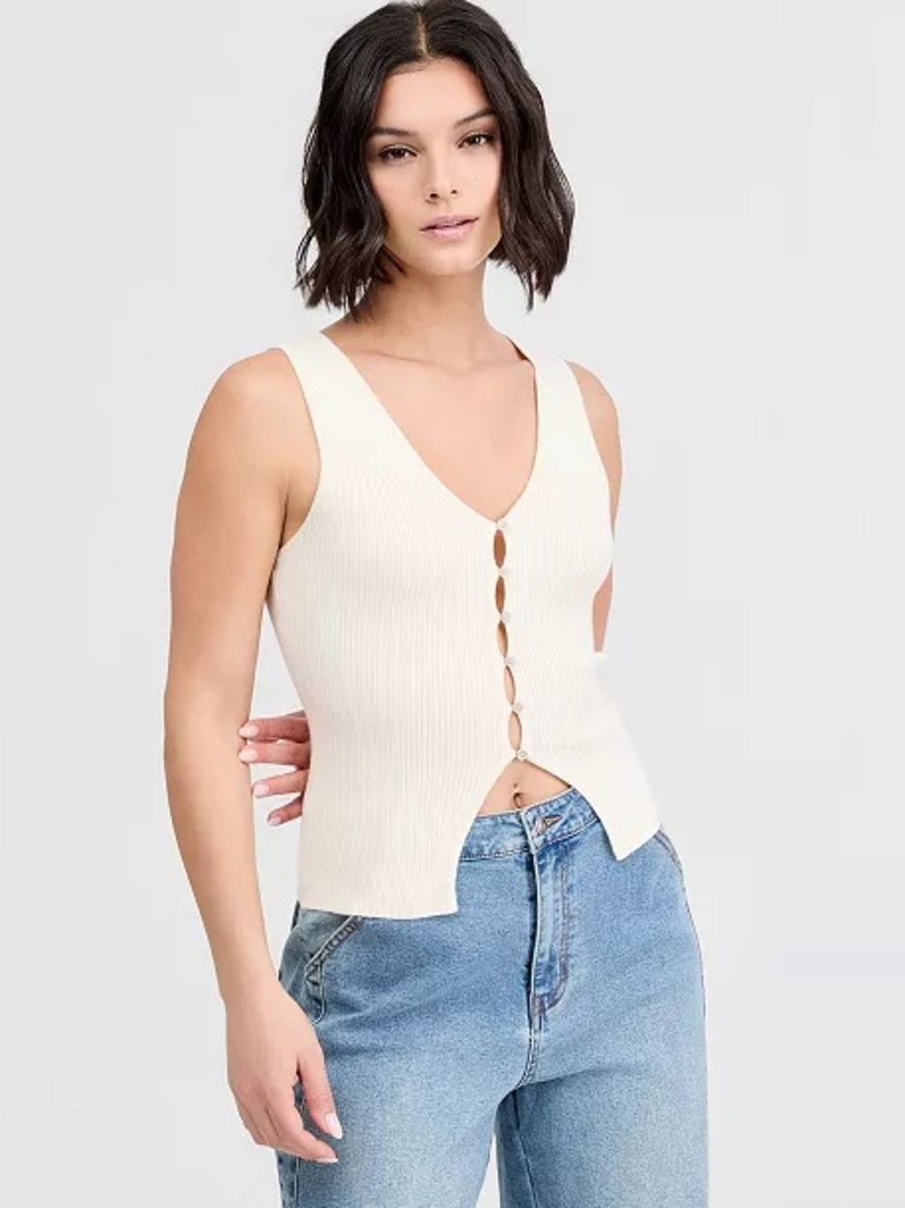 bar iii Sleeveless V-Neck Button Front Knit Tank Top - Cream